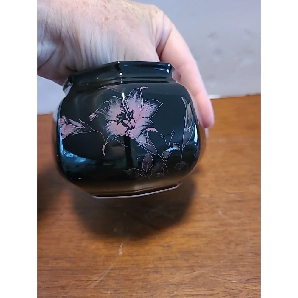 Mikasa EBONY GARDEN Sugar Bowl and Creamer Set Pink Yellow Flowers Black F3701